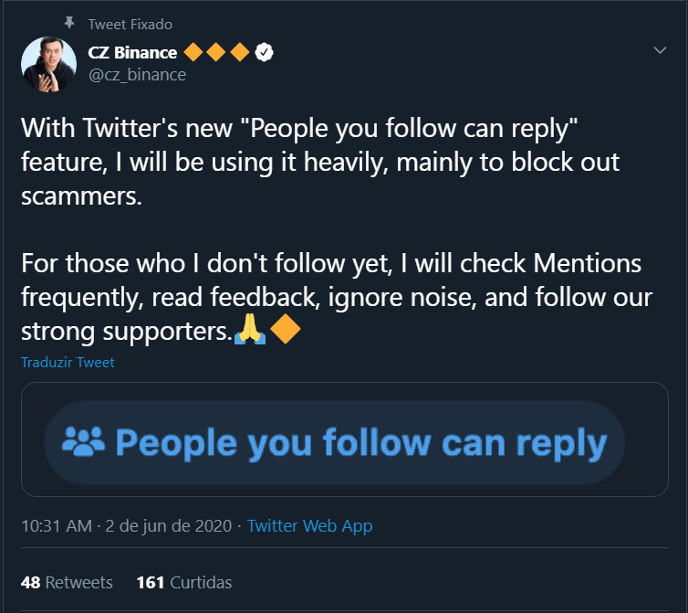 CZ Binance vai se aproveitar da nova função do TT