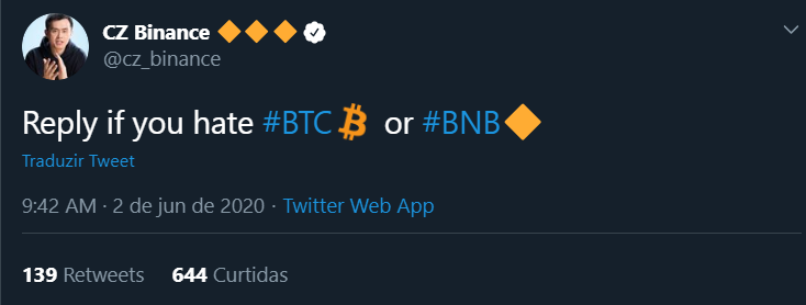 "Responda se você odeia o BTC ou o BNB"