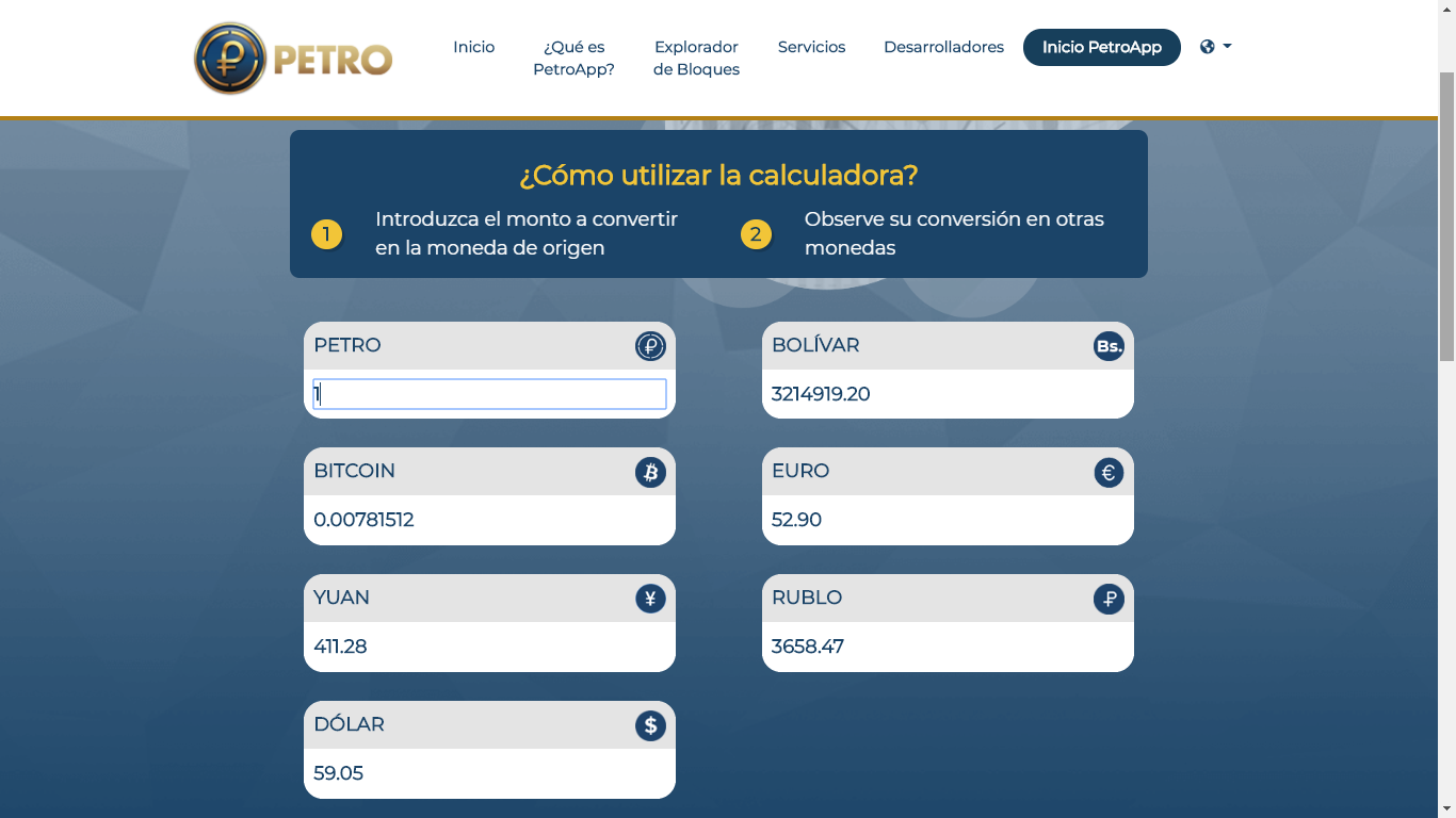 Cifras oficiales de valor de 1 Petro