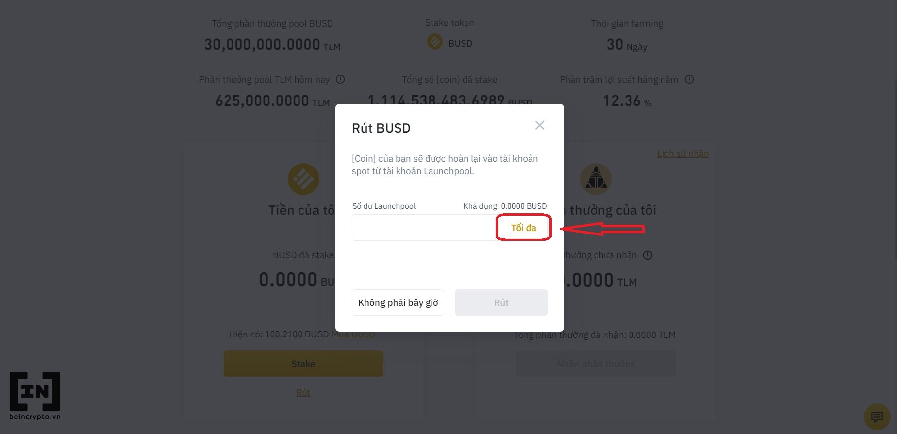 rút lại số token đã stake