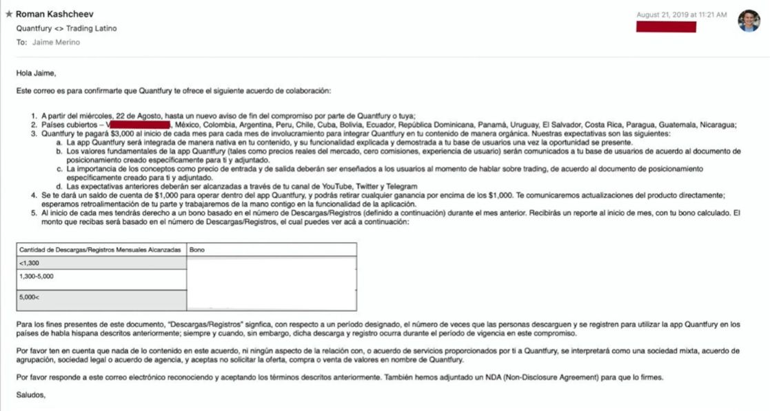 Imagen del contrato entre Quantfury y TradingLatino. Cortesía: Bitcoin sin Fronteras, Daniel Muvdi