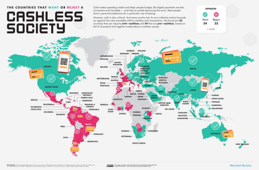A map of pro and anti cashless society countries.