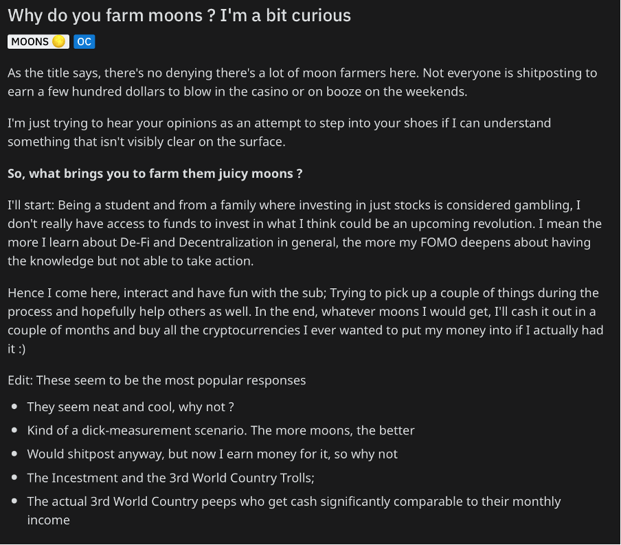 Reddit user commenting on the reason behind farming MOONs Source: Reddit