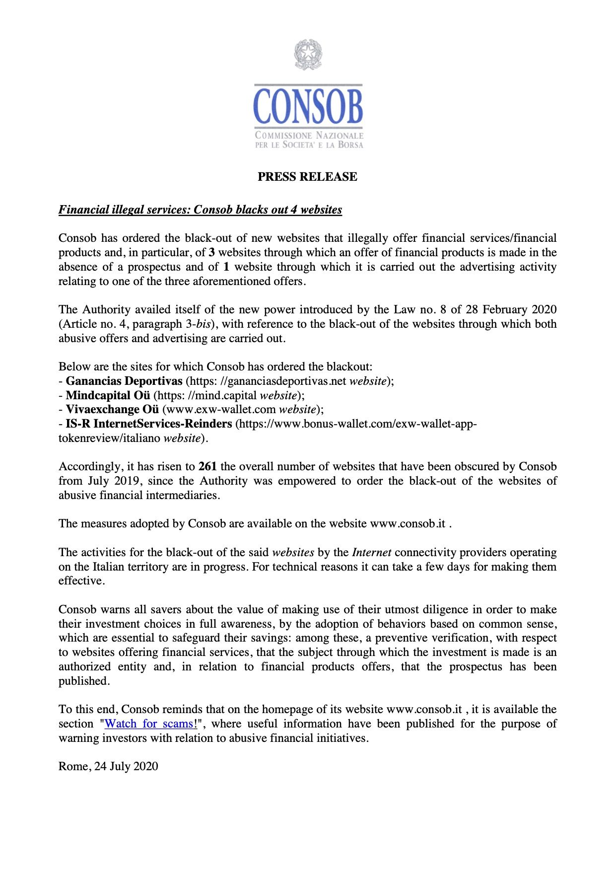 Comisión valores Italia Mind Capital