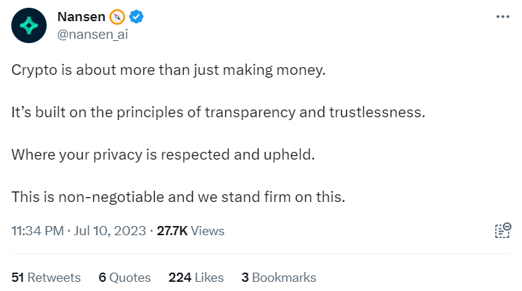 Nansen Arkham Tweet