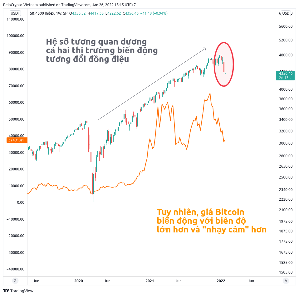 Biến động giữa giá Bitcoin và S&P500.