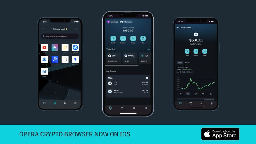 Opera Crypto Browser on iOS - image with three displays