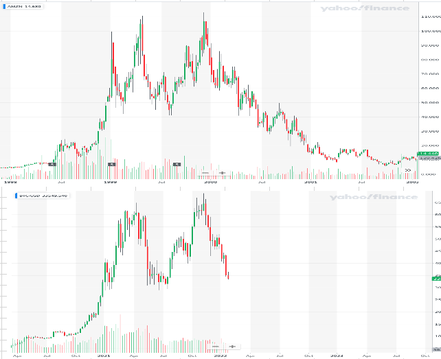 So sánh biểu đồ giá Bitcoin và Amazon.