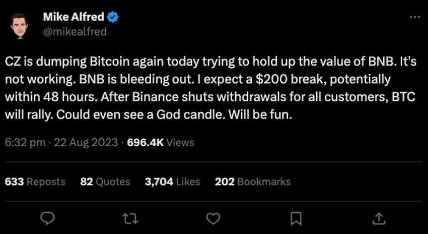 Mike Alfred accuses CZ of dumpoing Bitcoin.
