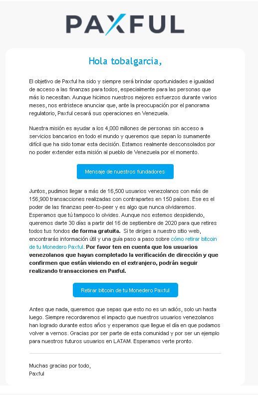 Mensaje de Paxful enviado a sus usuarios venezolanos mediante correo electrónico.