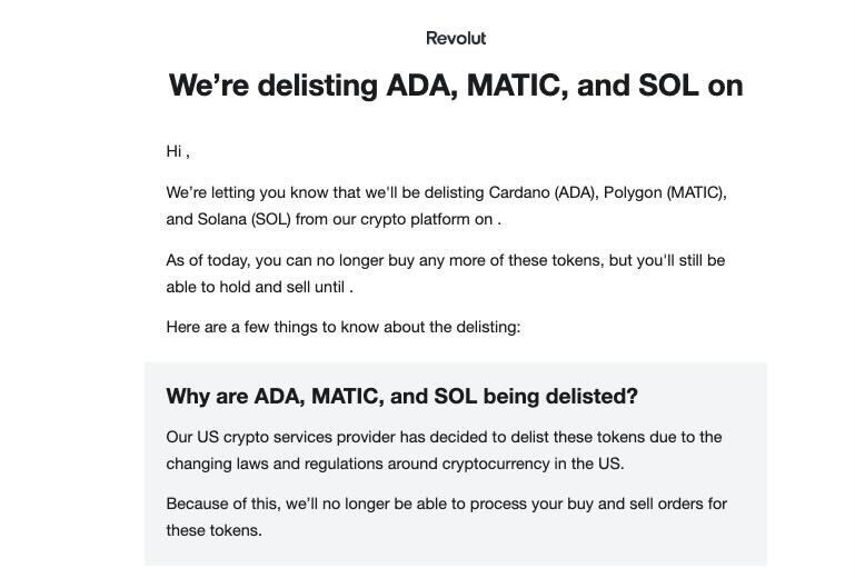 Correo de Revolut a sus clientes de Estados Unidos.