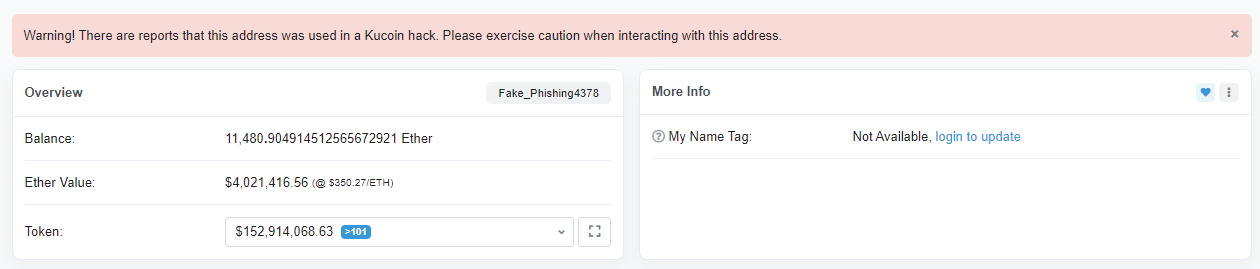 Thiệt hại vụ hack Kucoin lên đến 150 triệu đô. Nguồn: etherscan