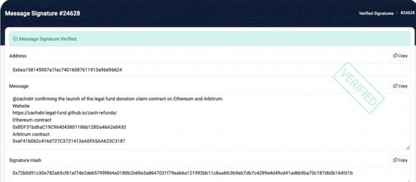 Screenshot Of Signed Message On ZachXBT Legal Fund Donation Address. Source: ZachXBT