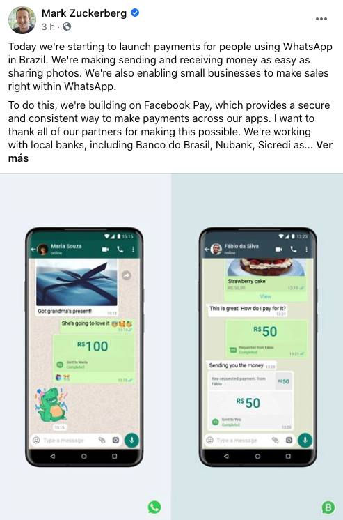 Facebook Pay Zuckerberg pagos en Brasil Whatsapp