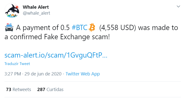 Investidor transfere meio BTC para conta fake