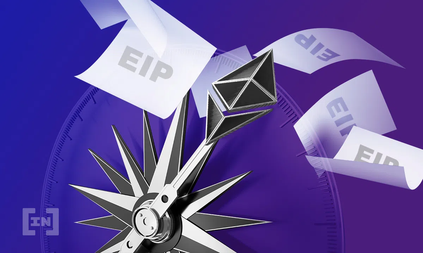 Eine Uhr auf dessen Zeiger das Ethereum Logo ist, umgeben von Zetteln mit den Initialen EIP. Eine Grafik von BeInCrypto.com.