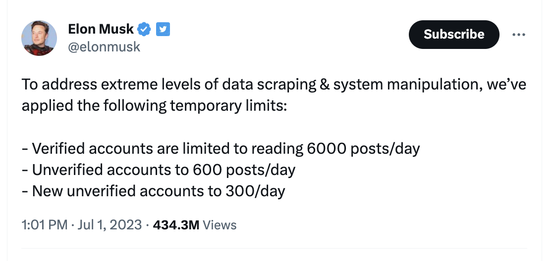 Twteet de Elon Musk com o anúncio da redução na exibição dos conteúdos da rede.
