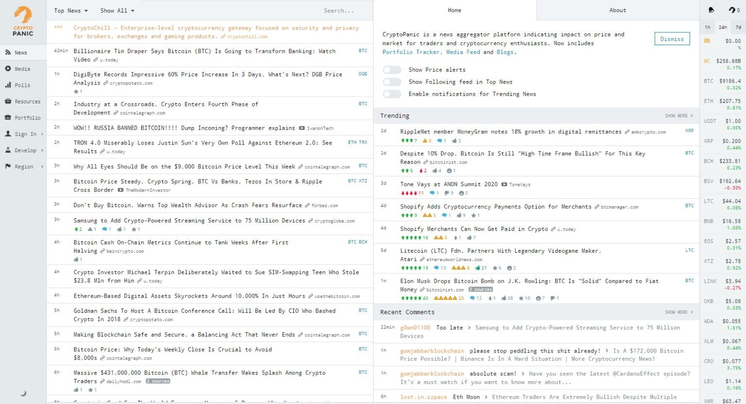 Giao diện của Cryptopanic
