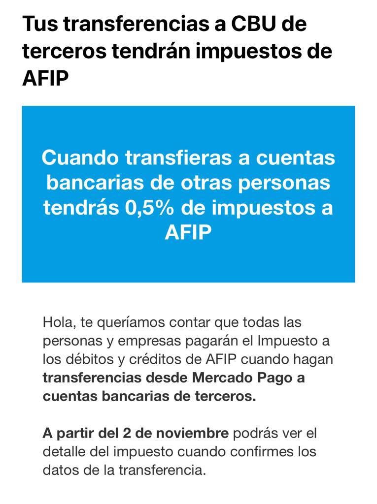 Comunicación recibida en la bandeja de entrada de los usuarios de Mercado Pago.