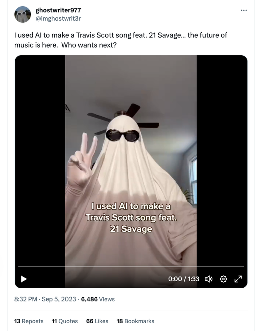 Ghostwriter drops new track "Whiplash" which uses AI vocal filters to mimic Travis Scott and 21 Savage.