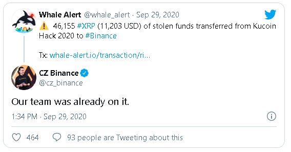 Tweet de "CZ" al reporte de Whale Alert.