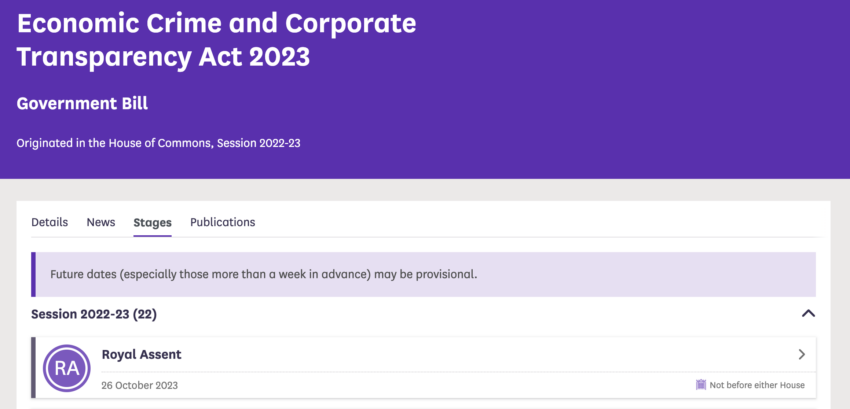 Royal Assent, Economic Crime and Corporate Transparency Act 2023 