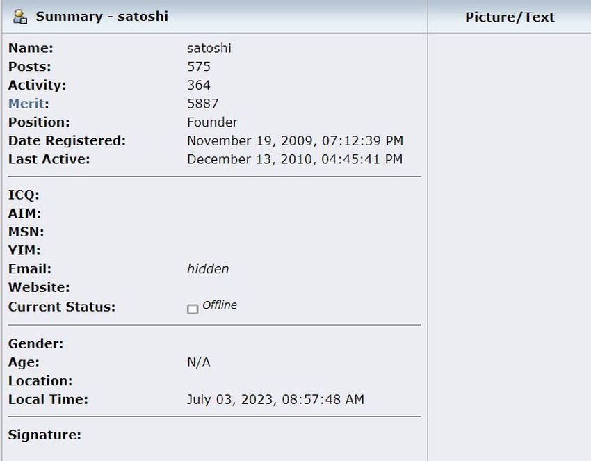 Captura de pantalla de la cuenta de Satoshi Nakamoto en Bitcointalk
