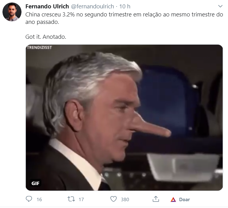 Tweet de Fernando Ulrich sobre o PIB Chines