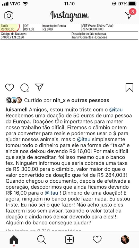 Itaú cobra R$ 300 de taxa em doação de € 50,00