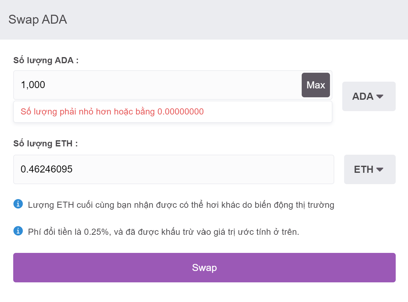 Ví dụ: Giao diện swap giữa ADA và ETH trên Remitano.