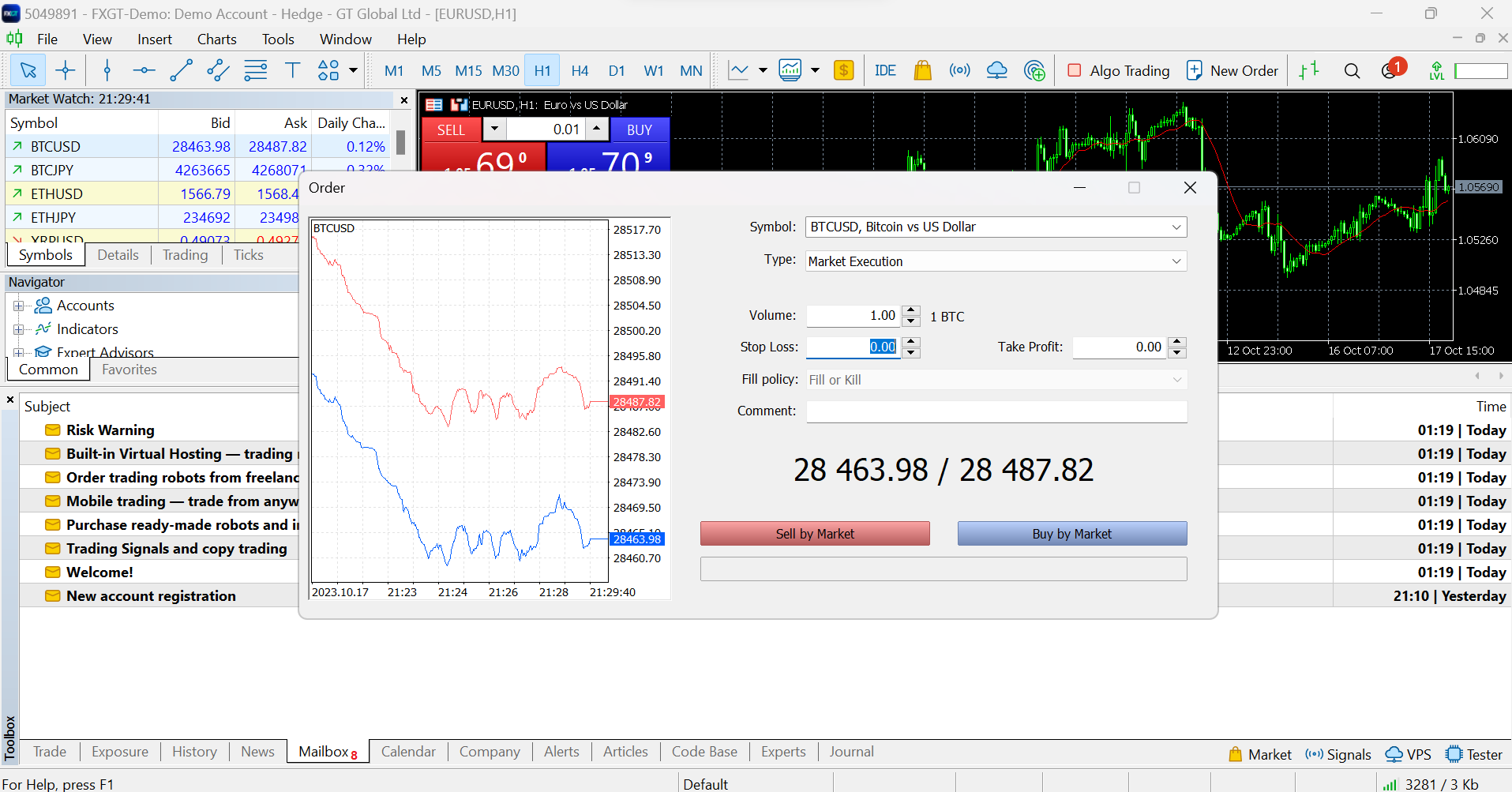 Tampilan akun demo di platform trading crypto MT5 dari FXGT.com