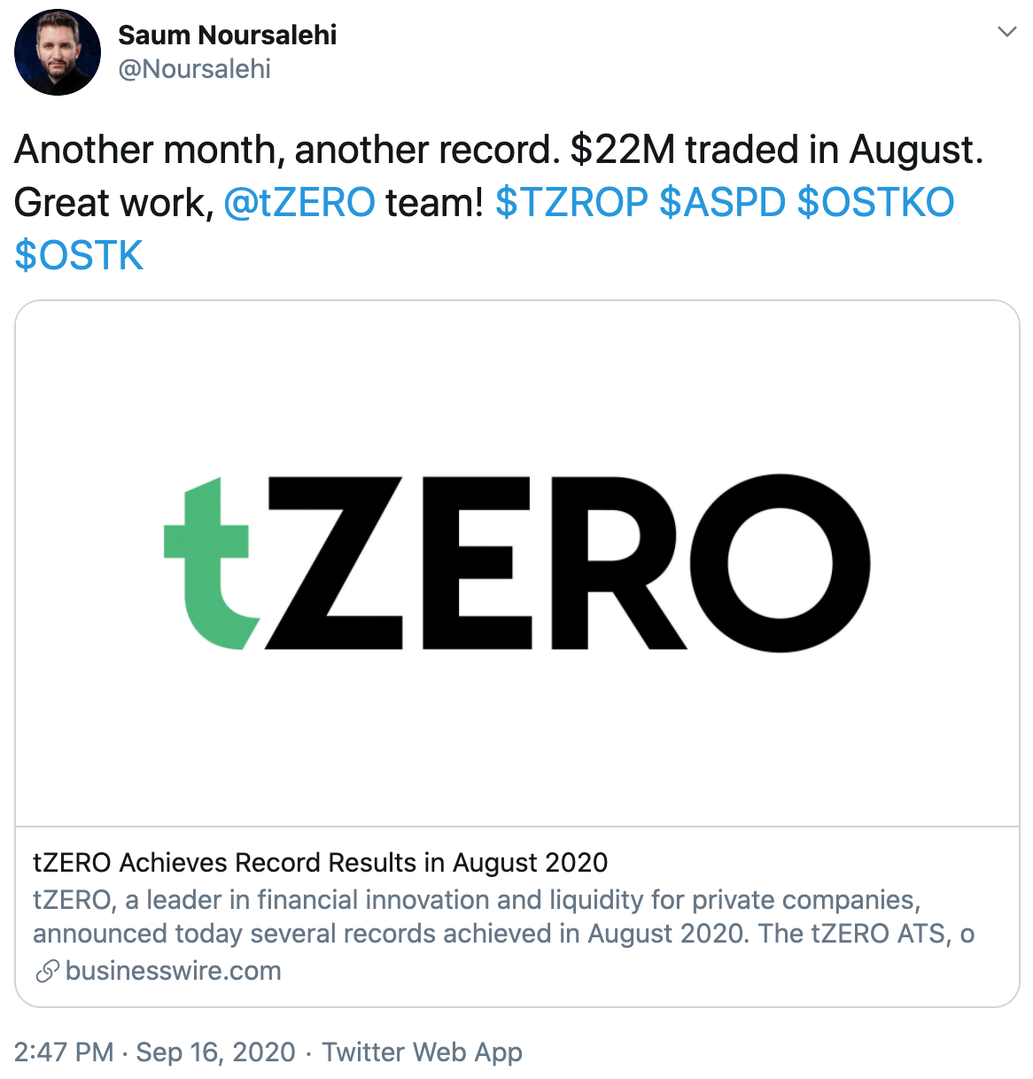 Tuit sobre record de trading de securities digitales