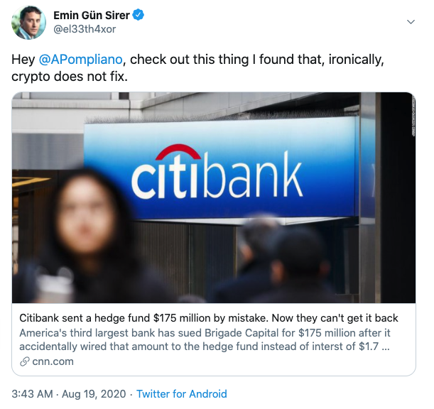 Tuit Citibank transferencia accidentada