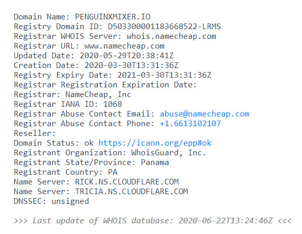 La data WHOIS muestra que PenguinX se creó el 30 de marzo y se actualizaron datos el 29 de mayo de 2020. Imagen: Dondominio