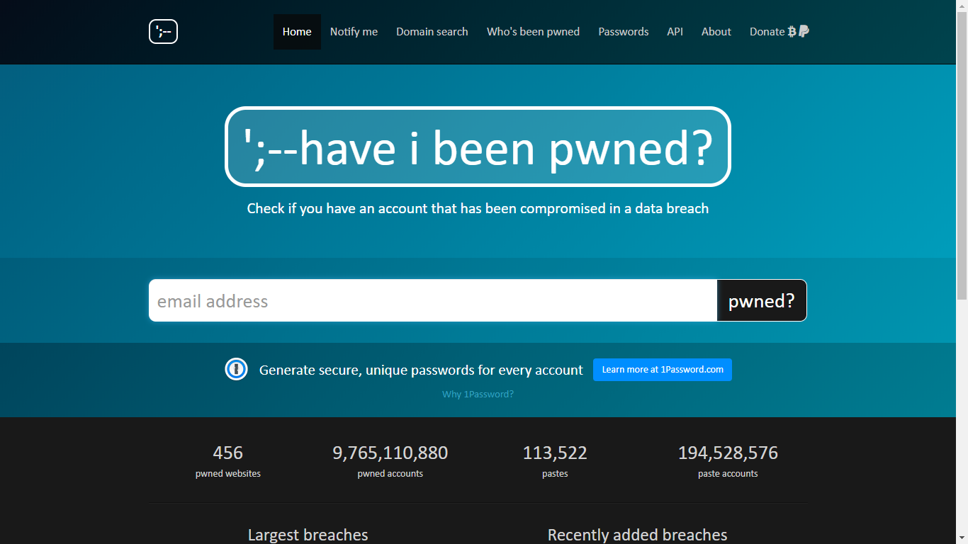 Este sitio te permite ver si tu email está entre los casi 10 mil millones de cuentas hackeadas. Imagen: Haveibeenpwned