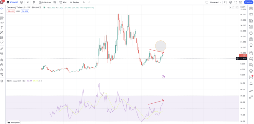 Biểu đồ hàng tuần của Cosmos và RSI. Nguồn: TradingView