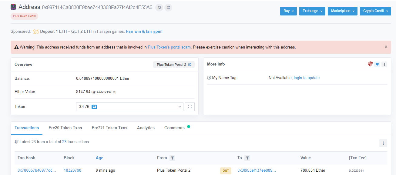 Chi tiết về giao dịch ETH có giá trị gần 200 triệu đôla từ ví của PlusToken (Nguồn: Etherscan)