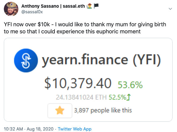 Tuit Sassano precio de BTc vs YEarn