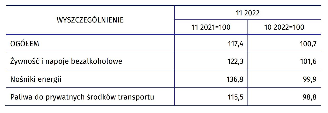 Inflacja w Polsce - szczegóły za listopad 2022