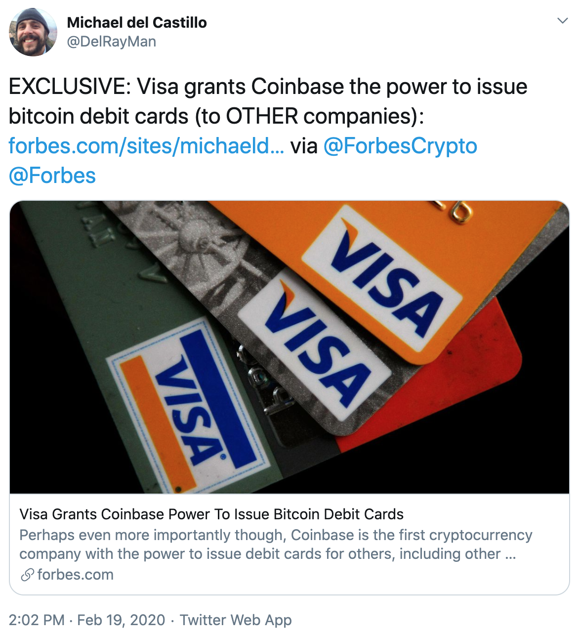 Tuit Visa y Coinbase