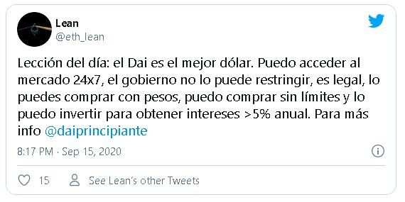 Tweet sobre la stablecoin DAI en Argentina pocas horas después del anuncio del BCRA. Fuente: @eth_lean