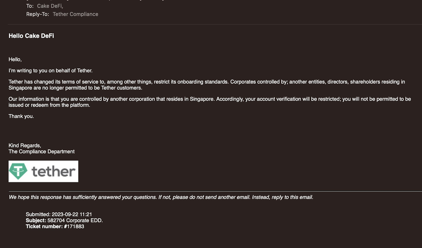 A screenshot of an email from Tether shared by Cake DeFi CEO. Source: X (Twitter). Tether terms of service