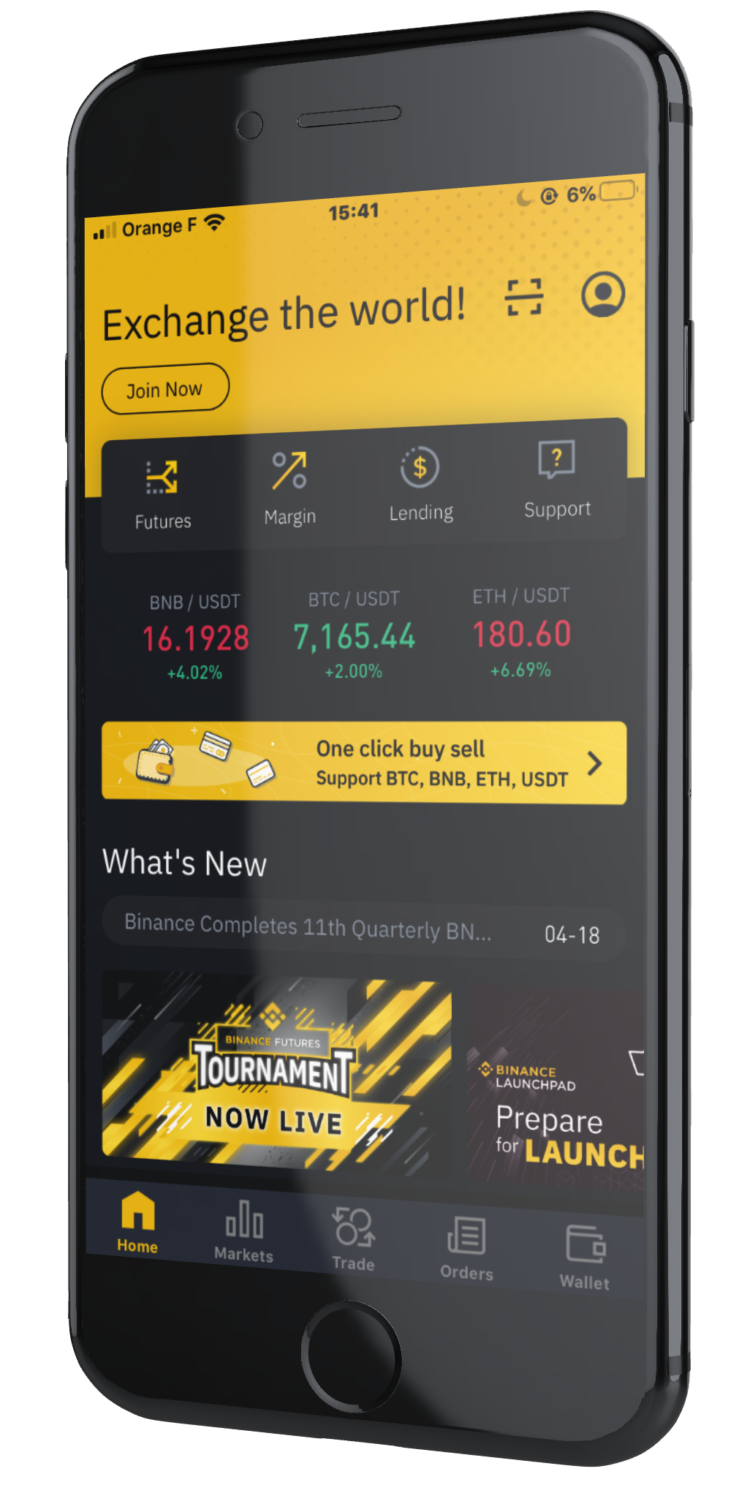 màn hình giao diện Binance trên điện thoại