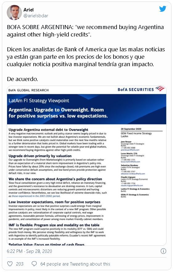 Exposición de reporte de Bank of America en el tweet del inversionista Ariel Sbdar. Fuente: @arielsbdar
