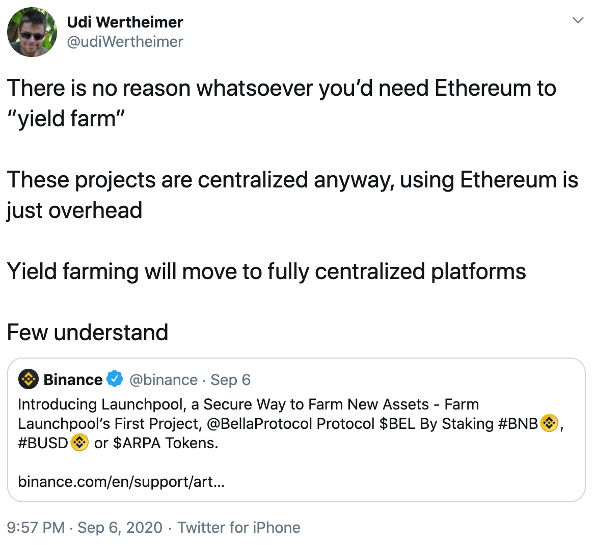 Tuit Udi Wertheimer sobre DeFi y ETH