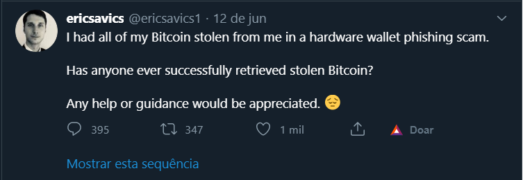 Eric Savics posta sobre os BTC roubados