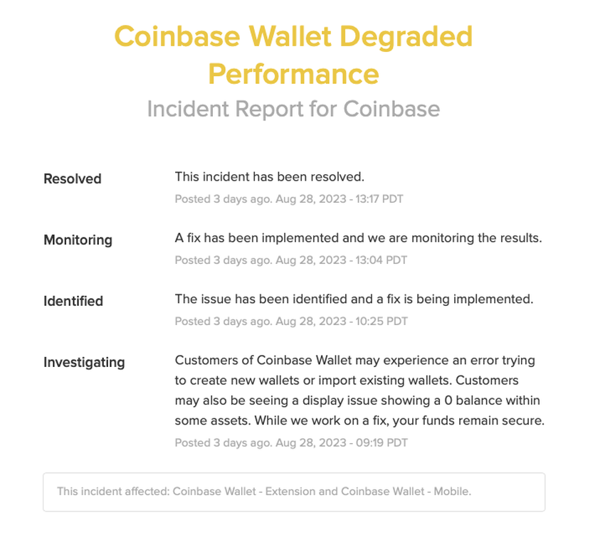 Coinbase confirmed it resolved issues around its Wallet login and  balances.