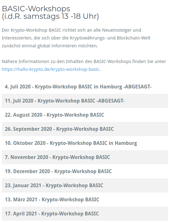 Übersicht über die nächsten Workshops von Hallo Krypto!