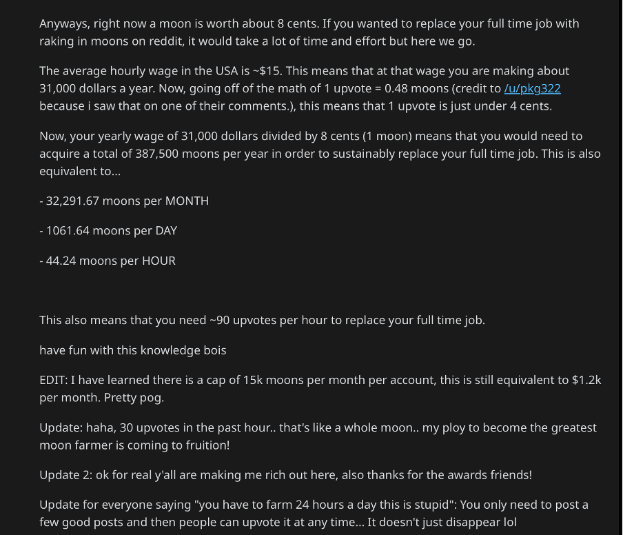A guide to replacing full-time job with Reddit MOONs Source: Reddit