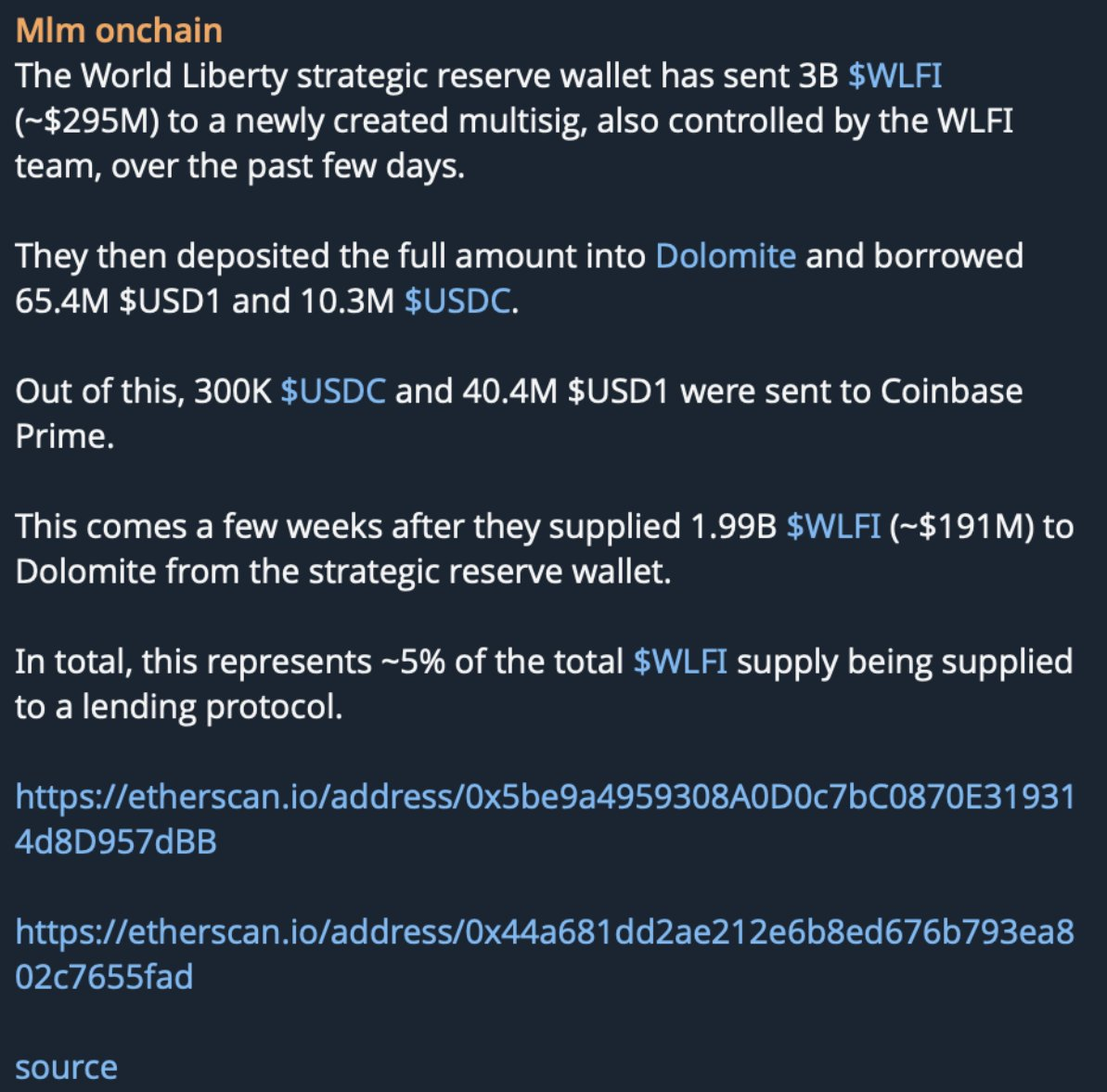 Nhà phân tích on-chain Mlm onchain truy vết chuyển tiền từ kho quỹ của WLFI đến Dolomite. Nguồn: Mlm onchain (Telegram)